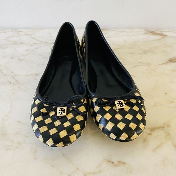 TORY BURCH Black Yellow Woven Ballerina Flats Bow Accent - US 7.5 - Picture 2 of 8